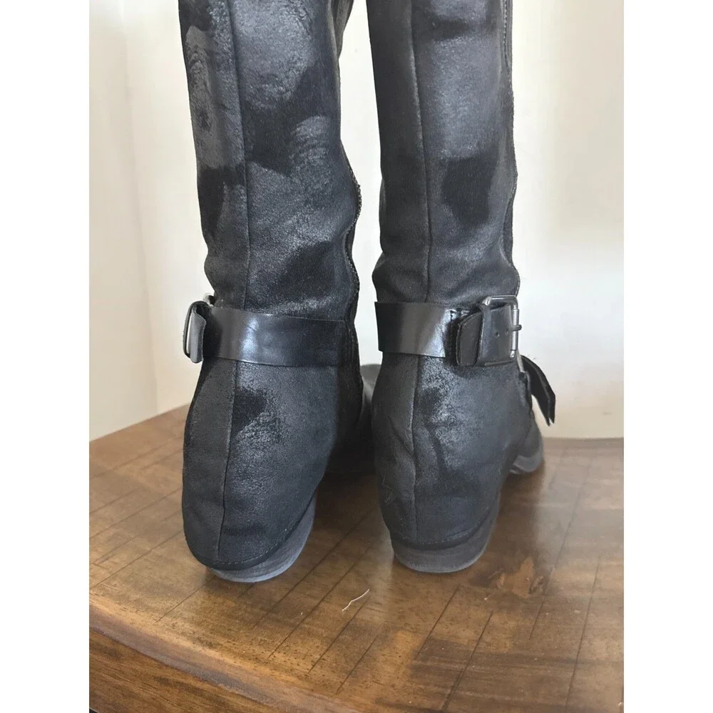 Donald J Pliner Dela Black Leather Tall Riding Moto Boots Buckle Womens 9 M